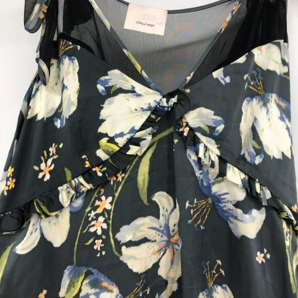 Cinq a sept (5 a 7) floral lily print black satin mesh  panel tie shoulders - Picture 7 of 13